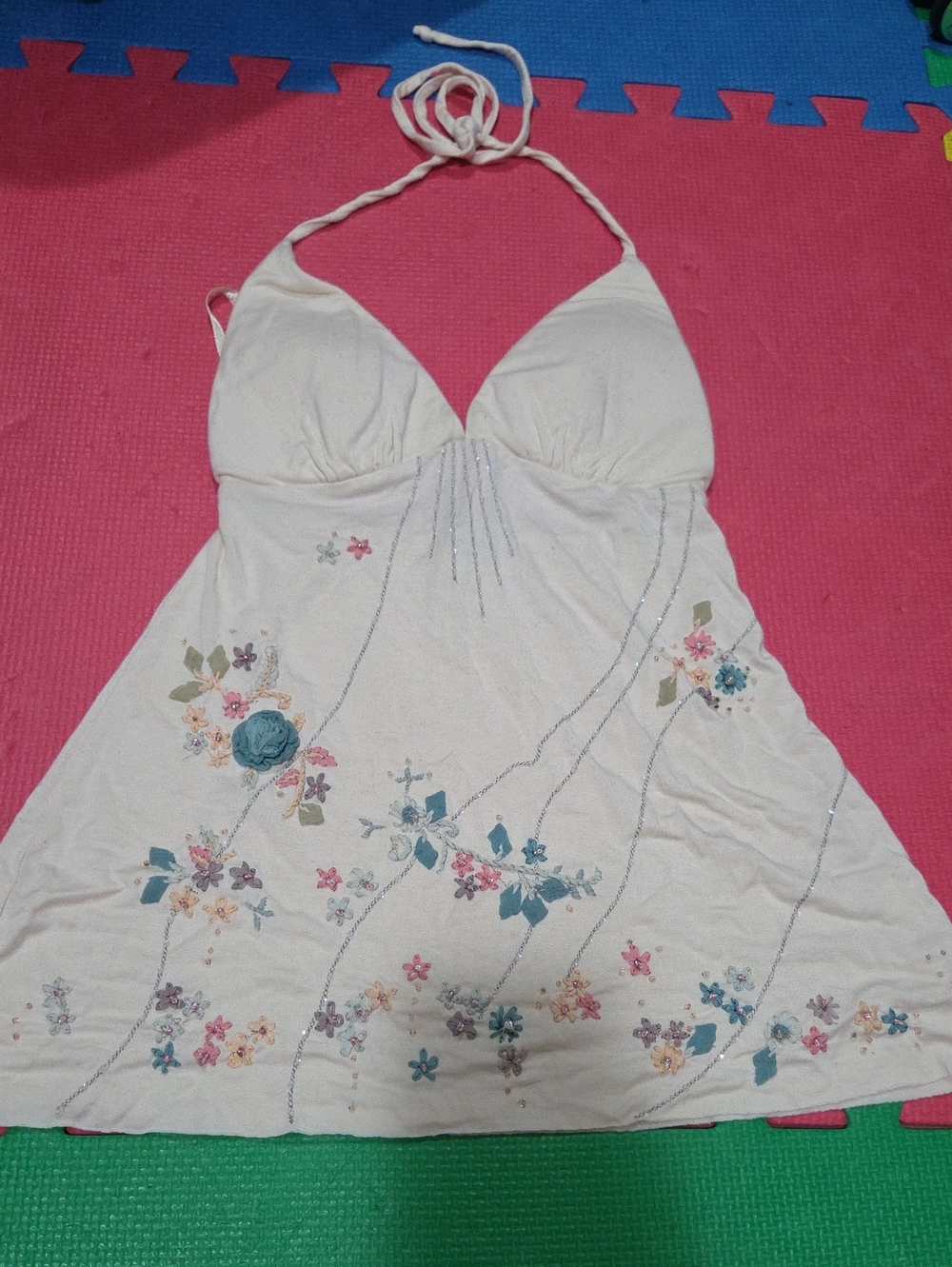Guess Cream Halter Top with Floral Embroidery